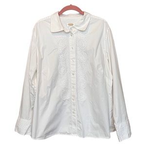 Talbots White Button Down Shirt Crocheted Lace Detail Cotton Long Sleeves 20W